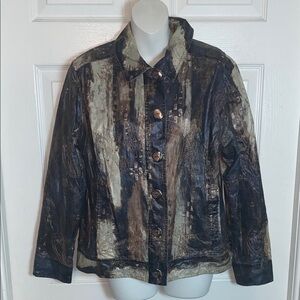 Chico's Women’s Abstract Black and Tan Lightweight Jacket Blazer Embroidered L